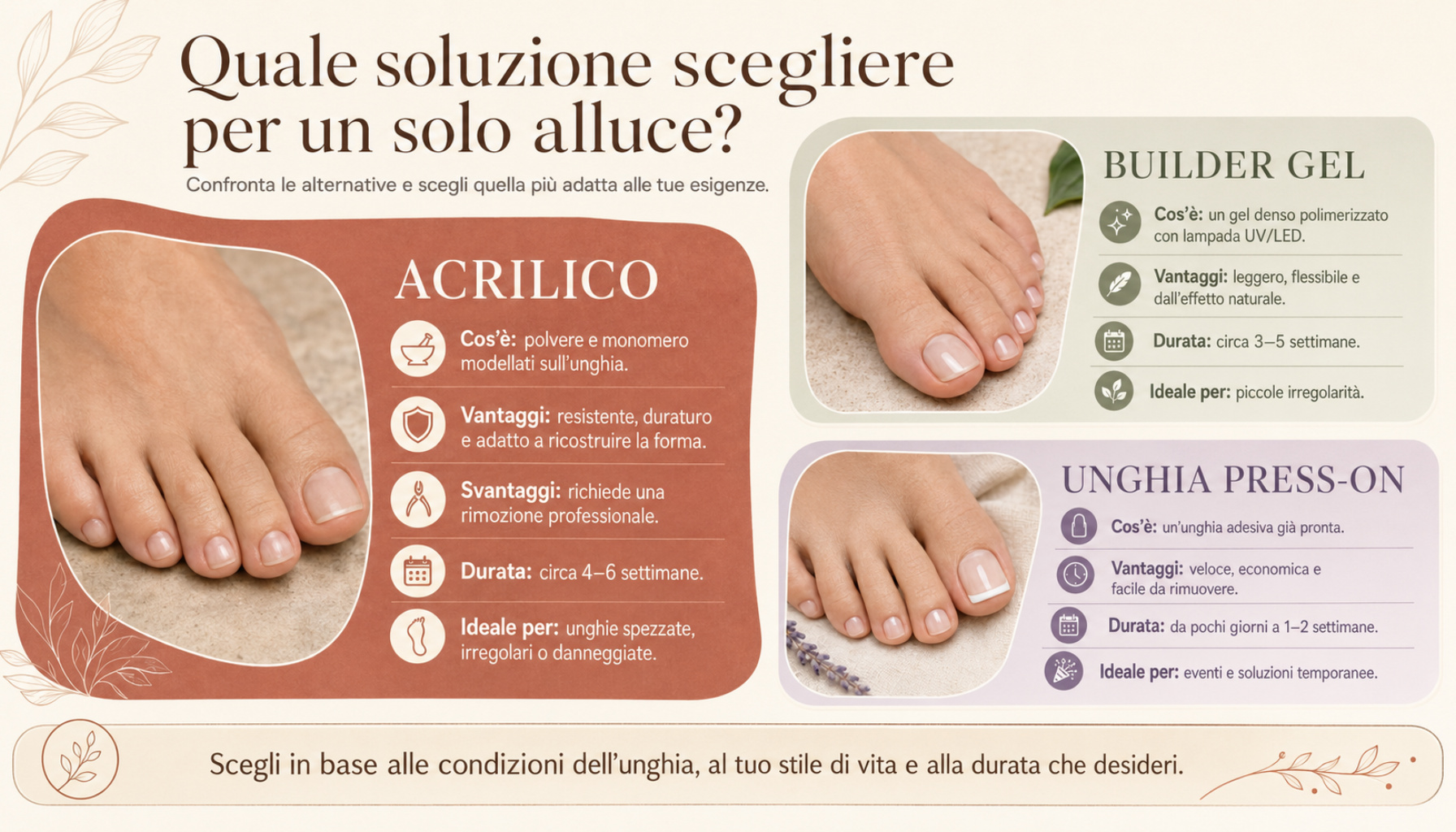 Confronto tra acrilico, builder gel e unghia press-on per l’alluce