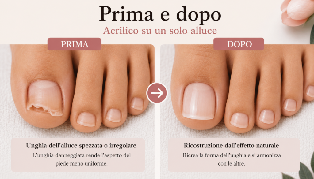 Prima e dopo la ricostruzione in acrilico dell’alluce